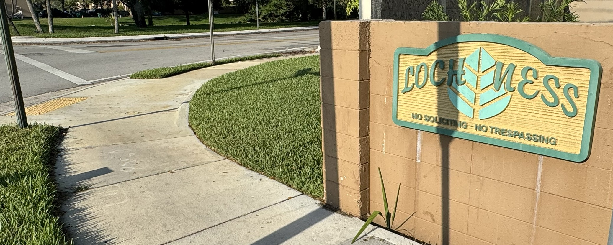 A wooden community entrance sign for Loch Ness Home Owners Association featuring a Loch Ness monster logo, with clear "No Soliciting" and "No Trespassing" text